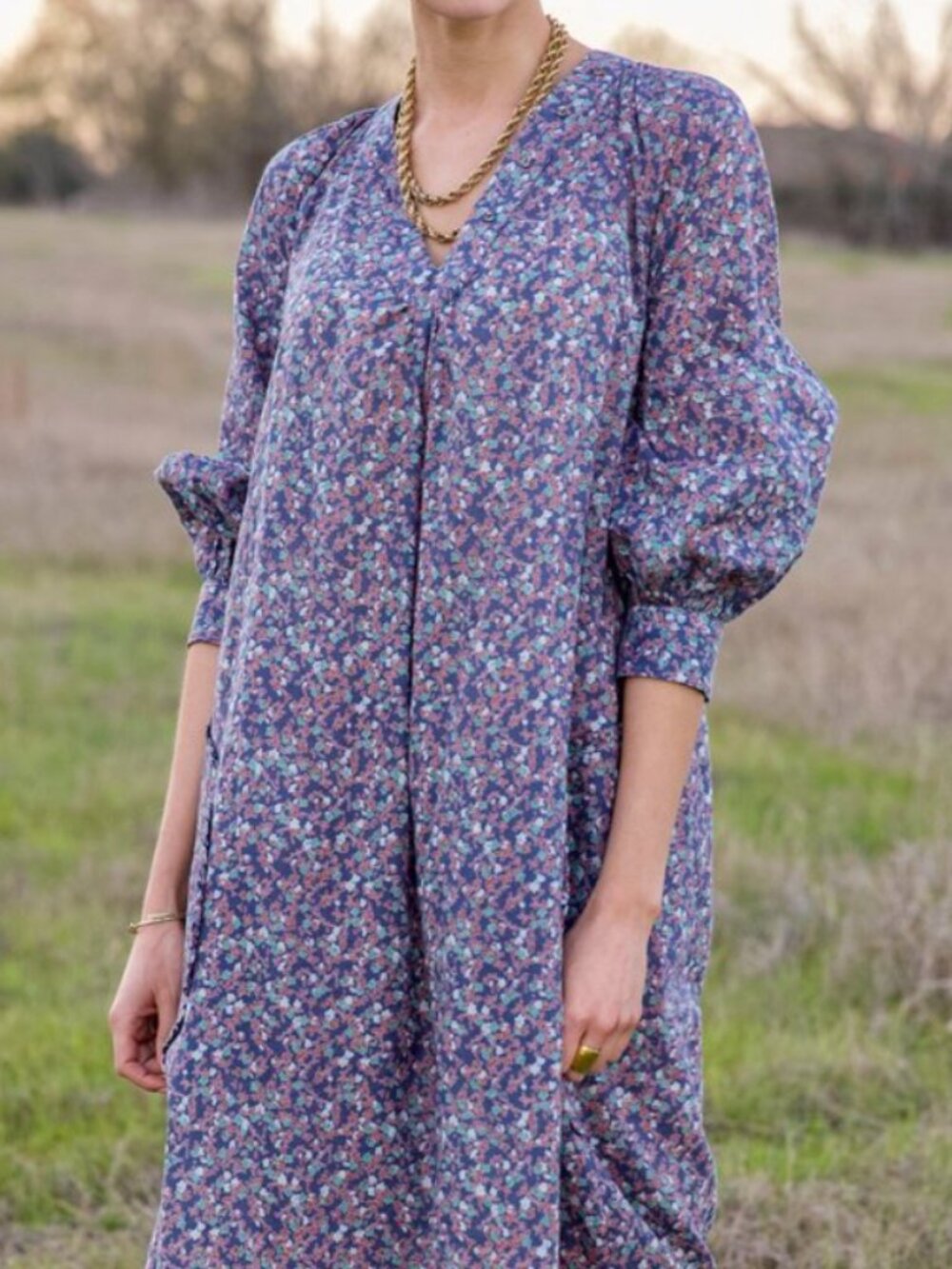 Mirth Blue Peach Floral Long Sleeve Caftan Maxi Dress Womens